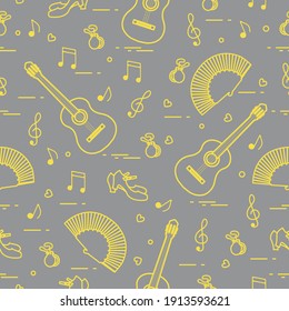 Seamless Pattern With Fan, Shoes, Castanets, Notes, Guitars. Travel And Leisure. Traditional Symbols Of Spain. Illuminating And Ultimate Gray.