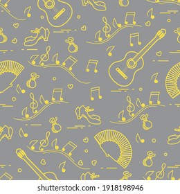 Seamless Pattern With Fan, Shoes, Castanets, Notes, Guitars. Travel And Leisure. Traditional Symbols Of Spain. Illuminating And Ultimate Gray.