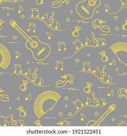 Seamless Pattern With Fan, Shoes, Castanets, Notes, Guitars. Travel And Leisure. Traditional Symbols Of Spain. Illuminating And Ultimate Gray.