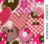 Seamless pattern of fancy colorful heart patchworks and buttons 