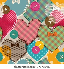 Seamless pattern of fancy colorful heart patchworks and buttons