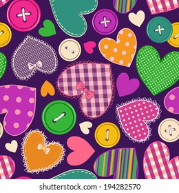 Seamless pattern of fancy colorful heart patchworks and buttons 