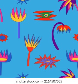 Seamless pattern of fancy colors in the hippie style of the 60-70s for fabric, packaging, printing, wallpaper, website.