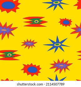 Patrón inexorable de colores sofisticados en el estilo hippie de los años 60-70 para tela, embalaje, impresión, papel pintado, sitio web. Ilustración vectorial brillante.