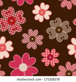 Seamless pattern of fancy flower patchworks and buttons