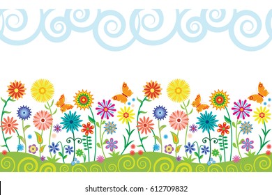 Seamless pattern with fancy flowers and butterflies. 