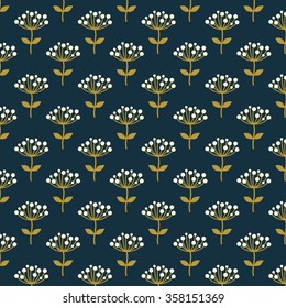 Seamless pattern with fancy flowers. Floral background in blue, gold and white colors. Vector illustration.