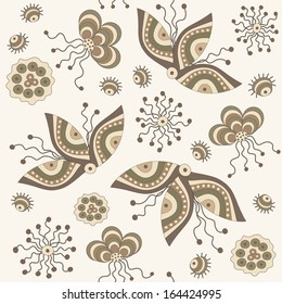 Seamless pattern with fancy flowers and leaves. Fantasy.