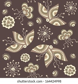 Seamless pattern with fancy flowers and leaves. Fantasy.