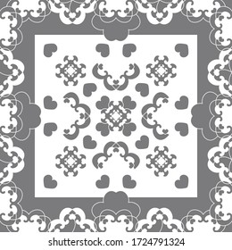 Seamless pattern. Fancy frame with hearts. White and grey . Vector	