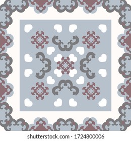 Seamless pattern. Fancy frame with hearts. White, grey, light blue, and burgundy color . Vector	