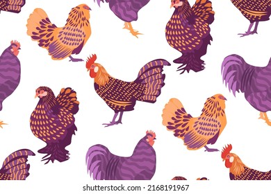 Seamless pattern with fancy hand drawn chicken. Hen vector illustration. Limited color palette. Can be used for textile design.