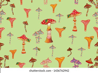 Seamless pattern with fancy mushrooms. Toadstools and toadstools on a light background. Vector illustration.