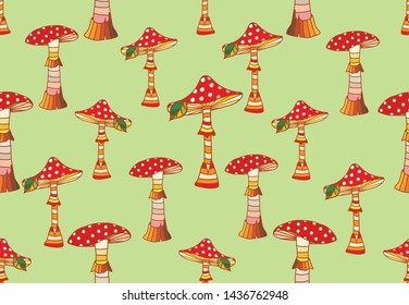 Seamless pattern with fancy mushrooms. Toadstools and toadstools on a light background. Vector illustration.