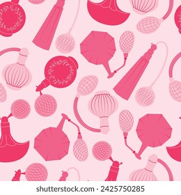 Patrón sin costuras con botellas de perfume de nicho de lujo en color rosa. Dibujado a mano ilustración vectorial 