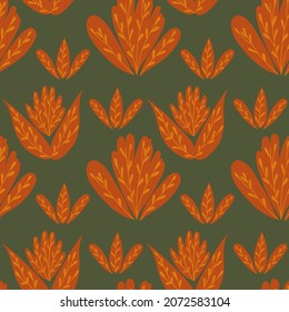 Seamless pattern in fancy orange leaves on a green background. Vector pattern. Botanical background for fabric, clothing, wallpaper, wrapping paper, stationery.