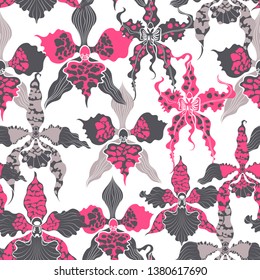 
Seamless pattern with fancy orchids. Vector texture with exotic tropical flowers on a white background.