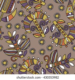 Seamless pattern of fancy plants and colorful circles on a gray background.