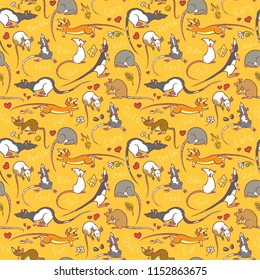 Seamless pattern with fancy rat. Domestic rodents background. Cute line art domestic animals. Vector illustration with coclorful rats