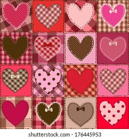 Seamless pattern of fancy red pink heart patchworks 