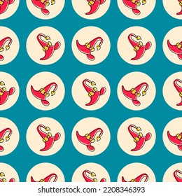 Seamless pattern with fancy red witch hats on blue background. Vector illustration.