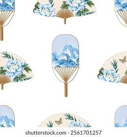 Seamless pattern with fans with Chinese mountanes, peonies and birds. Vector