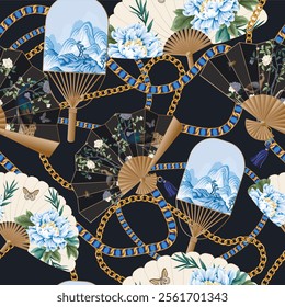 Seamless pattern with fans with Chinese mountanes, peonies and birds. Vector