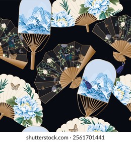 Seamless pattern with fans with Chinese mountanes, peonies and birds. Vector