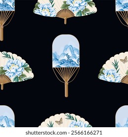 Seamless pattern with fans with Chinese mountanes, peonies and birds. Vector