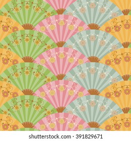 Seamless pattern with fans. Multi-colored fan with flower pattern in Oriental style.