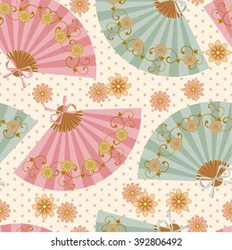 Seamless pattern with fans. Multi-colored fan with flower pattern in Oriental style.