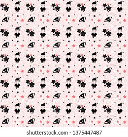 Seamless pattern with fans, sakura and woman face