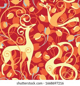 Seamless pattern with fantastic animals in yellow and red colors