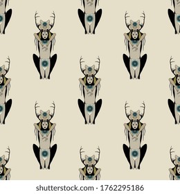 Seamless pattern with fantastic characters. Native American motifs. Young shaman girl with deer antlers and coyote totem trickster animal man. 
Female and male archetypes. Original style art. 
