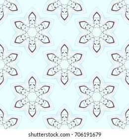 Seamless pattern.  Fantastic colored snowflakes arranged in diagonal rows. Wallpaper for backgrounds on sites, desktops. Drawing for children's and women's textiles. Pale colors -  blue, brown.