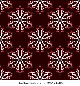 Seamless pattern.  Fantastic colored snowflakes arranged in diagonal rows. Wallpaper for backgrounds on sites, desktops. Drawing for children's and women's textiles. Dark brown, red, white, yellow.
