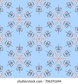 Seamless pattern. Fantastic colored snowflakes arranged in diagonal rows. Wallpaper for backgrounds on sites, desktops. Drawing for children's and women's textiles. Blue, gray, white, black.