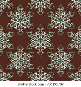 Seamless pattern. Fantastic colored snowflakes arranged in diagonal rows. Wallpaper for backgrounds on sites, desktops. Drawing for children's and women's textiles. Brown, green, blacl, white.