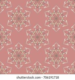 Seamless pattern. Fantastic colored snowflakes arranged in diagonal rows. Wallpaper for backgrounds on sites, desktops. Drawing for children's and women's textiles. Pink,  gray, brown, white.