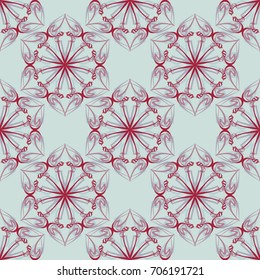 Seamless pattern. Fantastic colored snowflakes arranged in diagonal rows. Wallpaper for backgrounds on sites, desktops. Drawing for children's and women's textiles. Blue-gray and red tones.