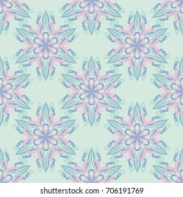 Seamless pattern. Fantastic colored snowflakes arranged in diagonal rows. Wallpaper for backgrounds on sites, desktops. Drawing for children's and women's textiles. Pale tones. Green-blue, blue, pink.