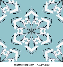 Seamless pattern. Fantastic colored snowflakes arranged in diagonal rows. Wallpaper for backgrounds on sites, desktops. Drawing for children's and women's textiles. Blue,  gray, white. Light gamma.
