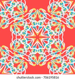 Seamless pattern. Fantastic colored snowflakes arranged in diagonal rows. Wallpaper for backgrounds on sites, desktops. Drawing for children's and women's textiles. Red, blue, white, yellow.