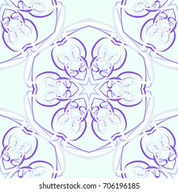 Seamless pattern. Fantastic colored snowflakes arranged in diagonal rows. Wallpaper for backgrounds on sites, desktops. Drawing for children's and women's textiles. Blue, gray & purple. Light colors.