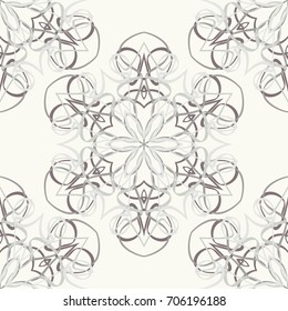 Seamless pattern. Fantastic colored snowflakes arranged in diagonal rows. Wallpaper for backgrounds on sites, desktops. Drawing for children's and women's textiles. Light tones. Pale gray, gray-brown.