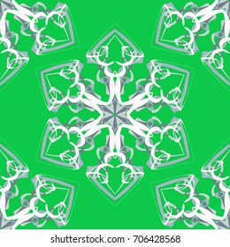 Seamless pattern. Fantastic colored snowflakes arranged in diagonal rows. Wallpaper for backgrounds on sites, desktops. Drawing for children's and women's textiles. Green, gray & white colors.