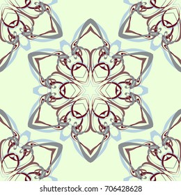 Seamless pattern. Fantastic colored snowflakes arranged in diagonal rows. Wallpaper for backgrounds on sites, desktops. Drawing for children's and women's textiles. Light green, gray, brown.