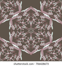 Seamless pattern. Fantastic colored snowflakes arranged in diagonal rows. Wallpaper for backgrounds on sites, desktops. Drawing for children's and women's textiles. Khaki-gray and brow colors.