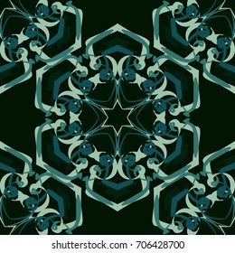 Seamless pattern. Fantastic colored snowflakes arranged in diagonal rows. Wallpaper for backgrounds on sites, desktops. Drawing for children's and women's textiles. Dark gamma. Green-blue.