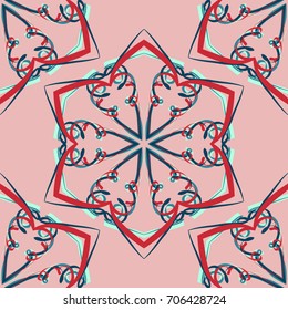 Seamless pattern. Fantastic colored snowflakes arranged in diagonal rows. Wallpaper for backgrounds on sites, desktops. Drawing for children's and women's textiles. Red, pink, green, blue.
